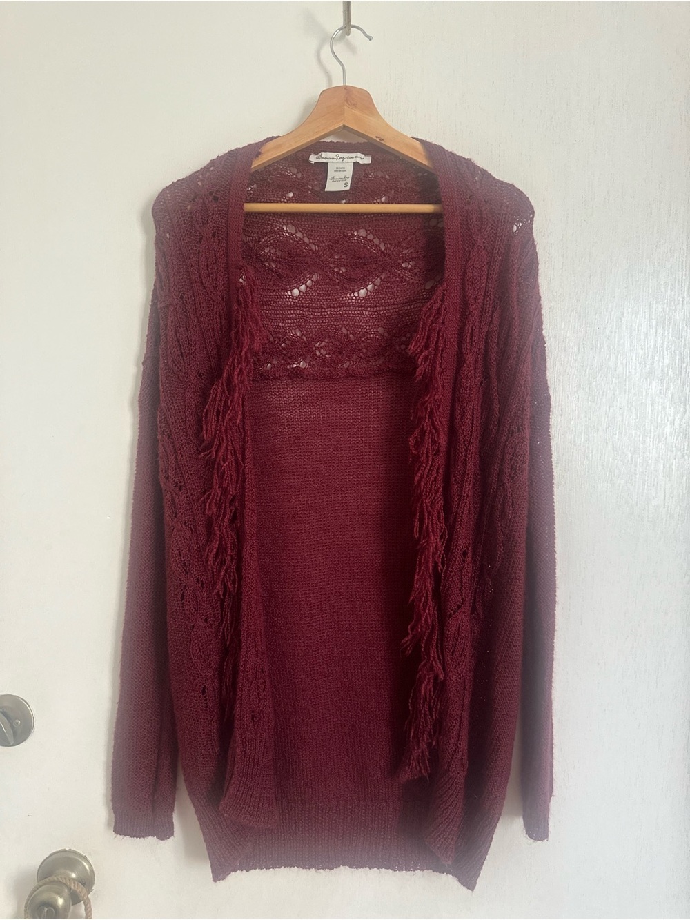 American Rag Open-Front Burgundy Fringe Knit Cardigan